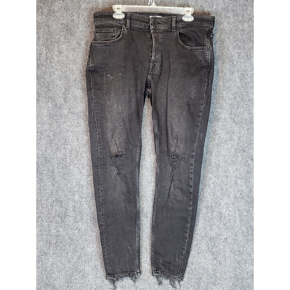 Zara Woman Black Distressed Ripped Frayed Hem Denim Grunge Goth Jeans Sz 36